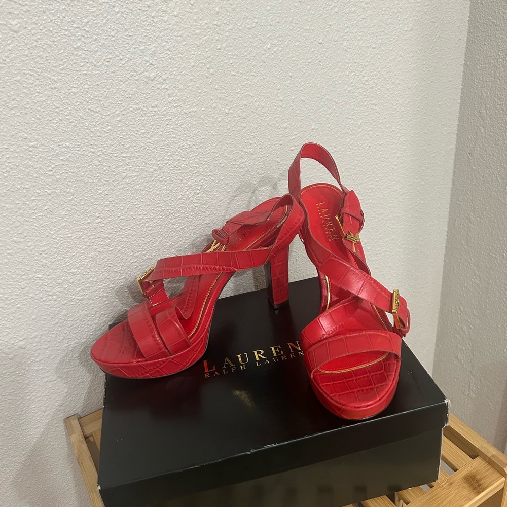 Lauren Ralph Lauren Red Croc-Embossed Strappy High Heel Sandals